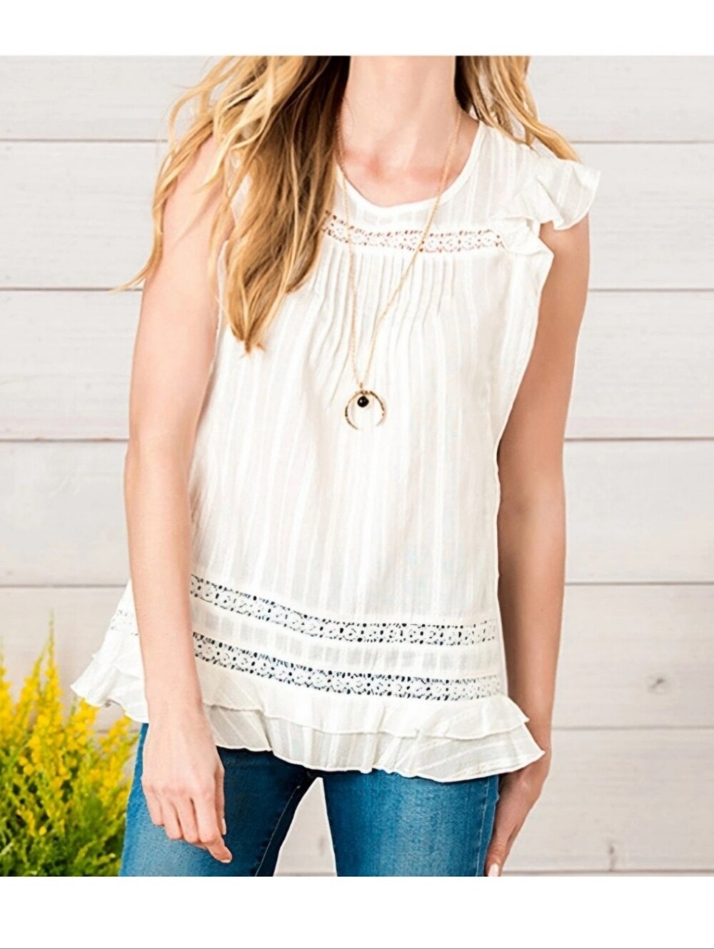 Matilda Jane Top Women's Medium Morning Dew White Sleeveless Boho Peasant Shirt